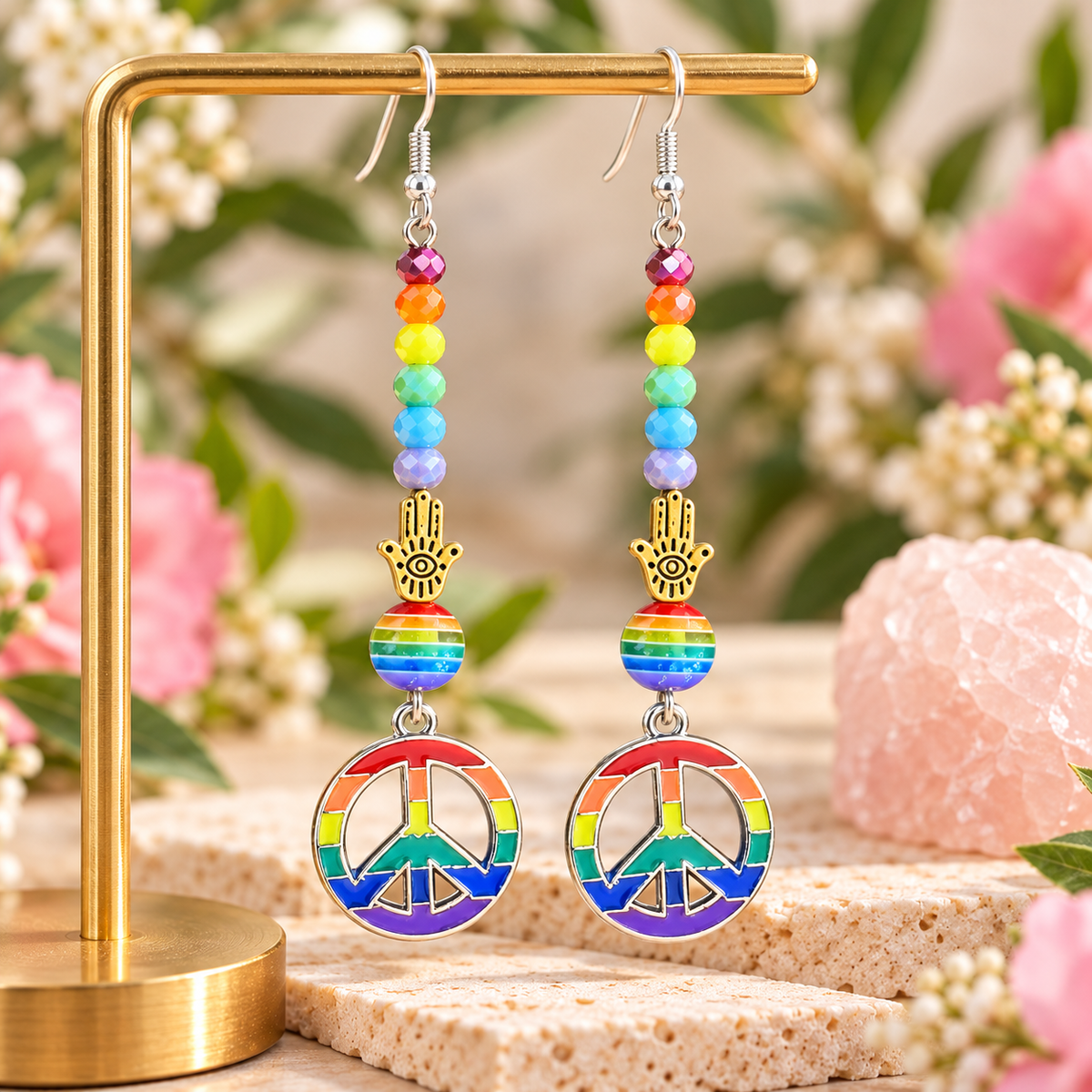 Peace, Love & Chamsa | Rainbow Peace Sign Earrings