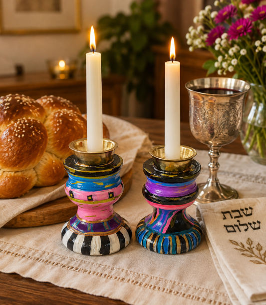 Mitzi – Hand-Painted Mismatched Shabbat Candlesticks