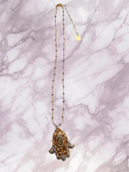 Abalone & Amethyst Hamsa Necklace