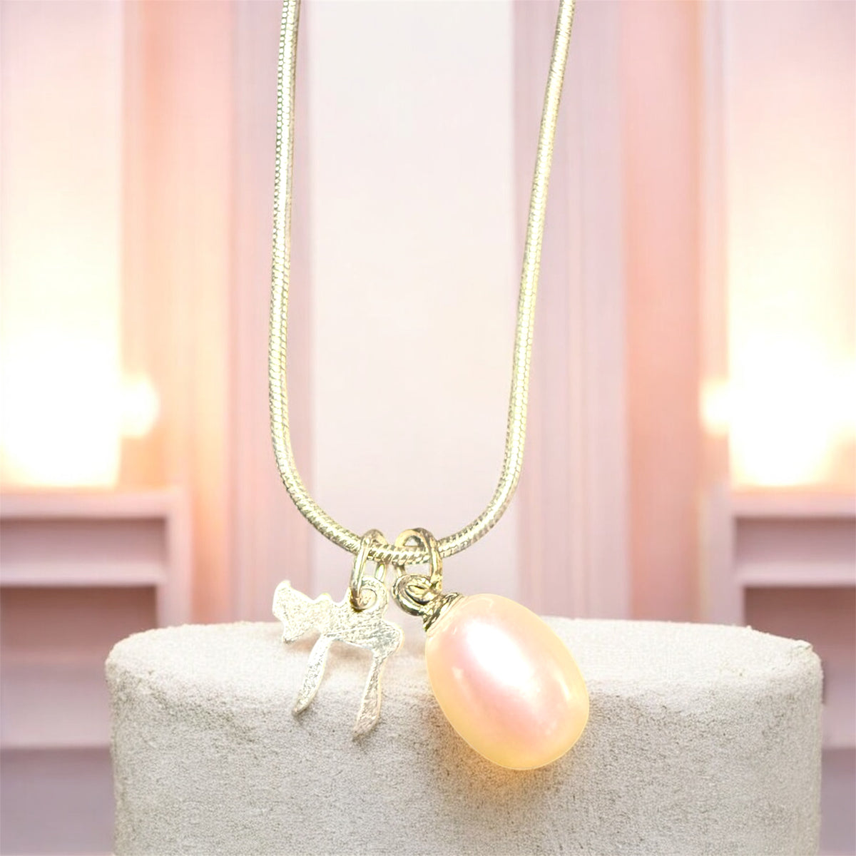Sterling Silver Chai & Freshwater Pearl Charm Necklace