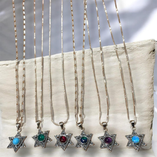 Sterling Silver Jewish Star of David Pendant Necklace with Natural Gemstone
