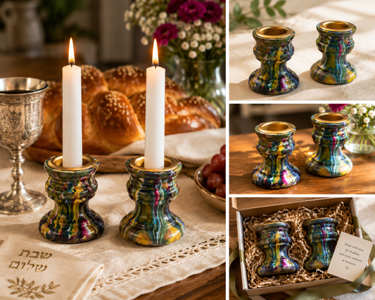 Janis – Hand-Painted Psychedelic Shabbat Candlesticks