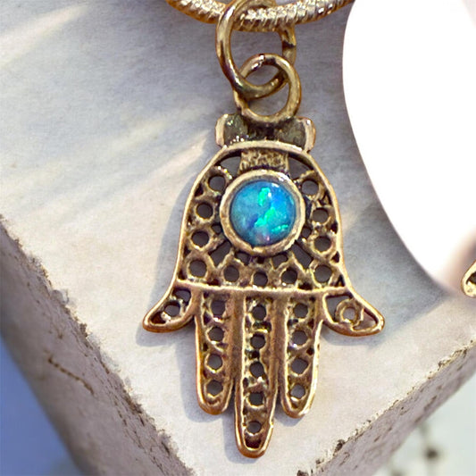Sterling Silver filagree Hamsa with Opal Pendant Necklace