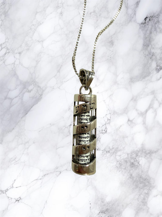 Sterling Silver Shema Ribbon Mezuzah Case pendant necklace