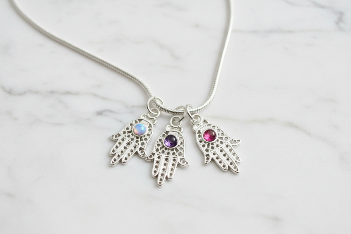 Sterling Silver filagree Hamsa with Opal Amethyst Garnet Pendant Necklace