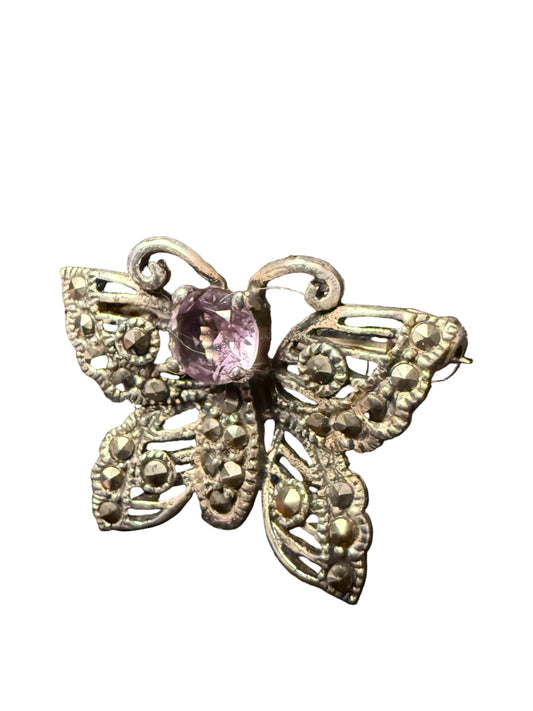 Vintage sterling silver amethyst Marcasite butterfly brooch