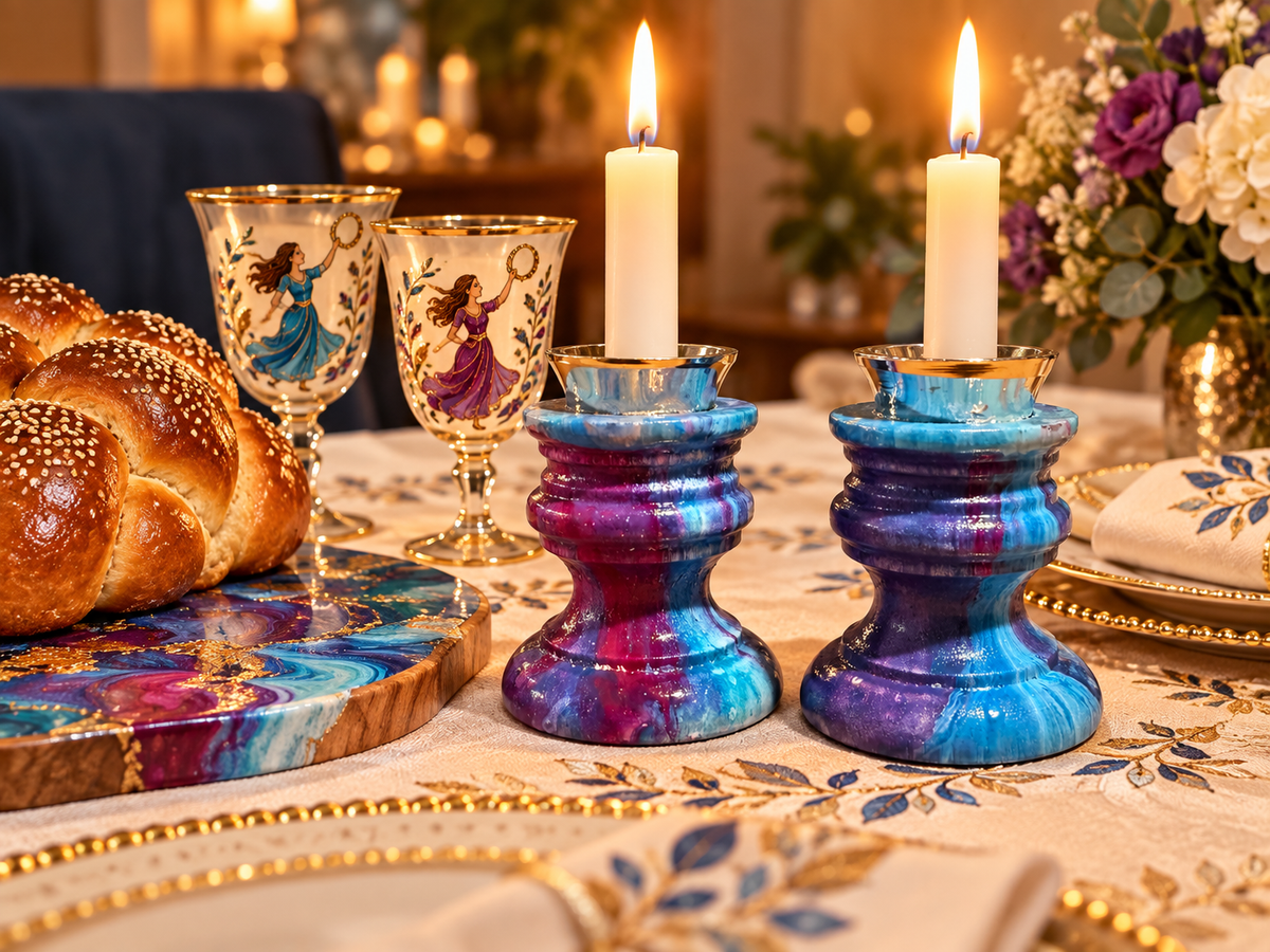 Lilah Shabbat Candlesticks Hand-Painted Jewel-Tone Shabbat Candle Holders