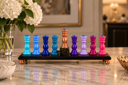 The Zaphira Menorah
Hand-Painted Jewel Tone & Rose Gold Wood Menorah