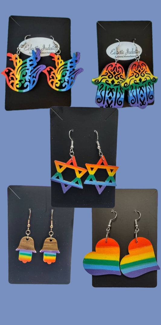 Handmade Wooden Rainbow Heart Earrings, Stainless Steel Hooks