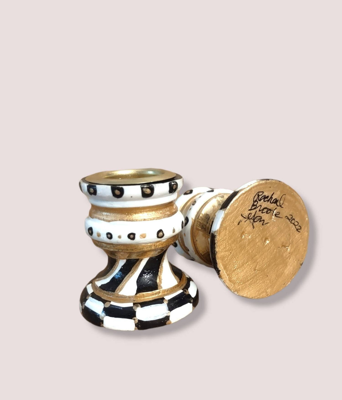 Golda Hand-Painted Shabbat Candlesticks | Black, Ivory & Gold Modern Judaica