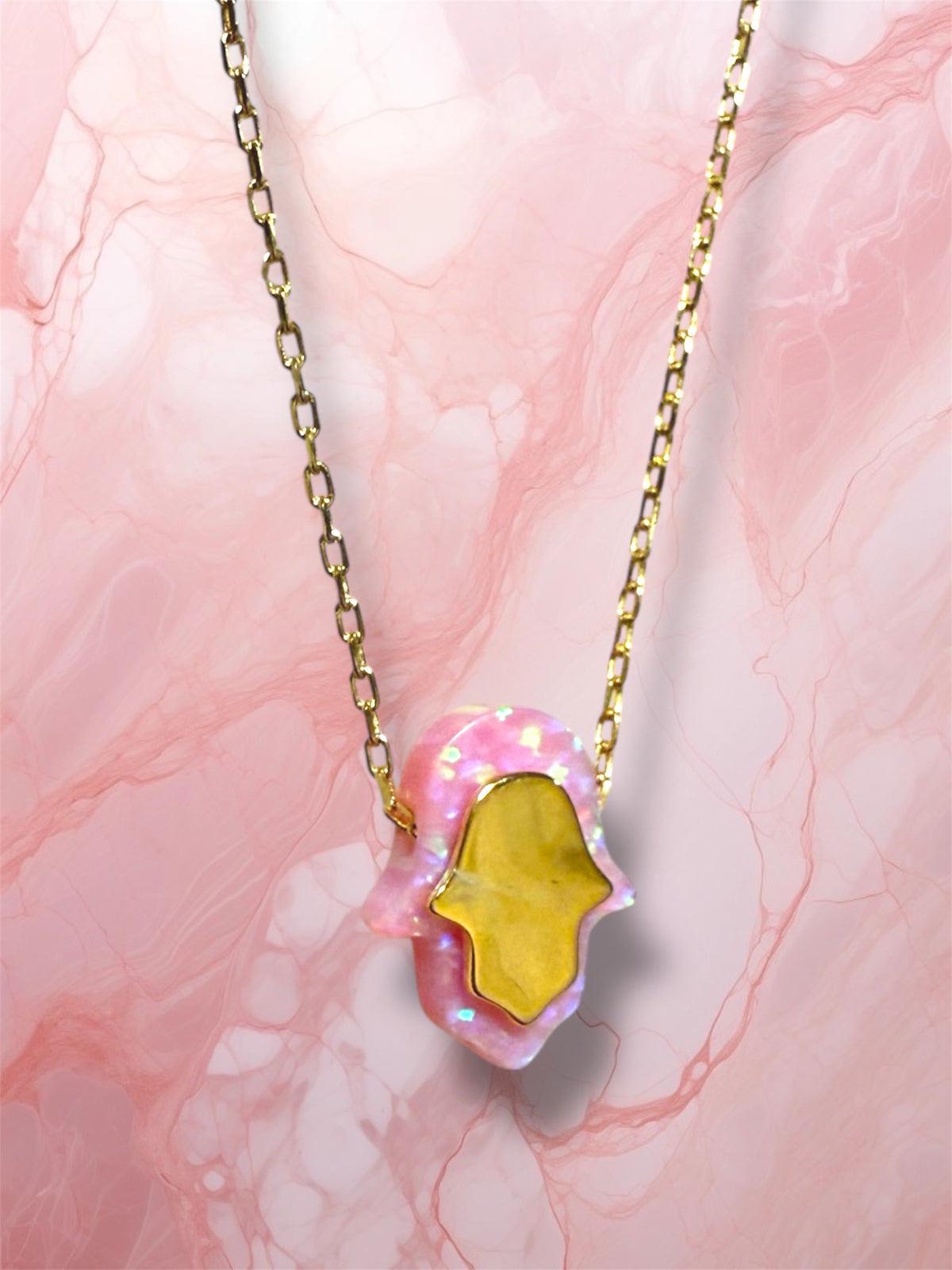 Gold and Pink Opal Hamsa necklace