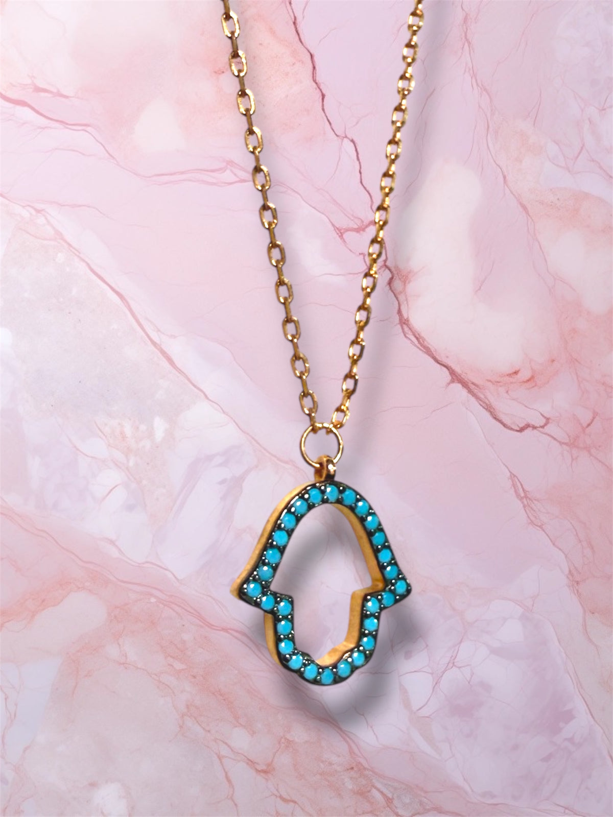 Rose Gold Open Blue Gemstone Hamsa necklace