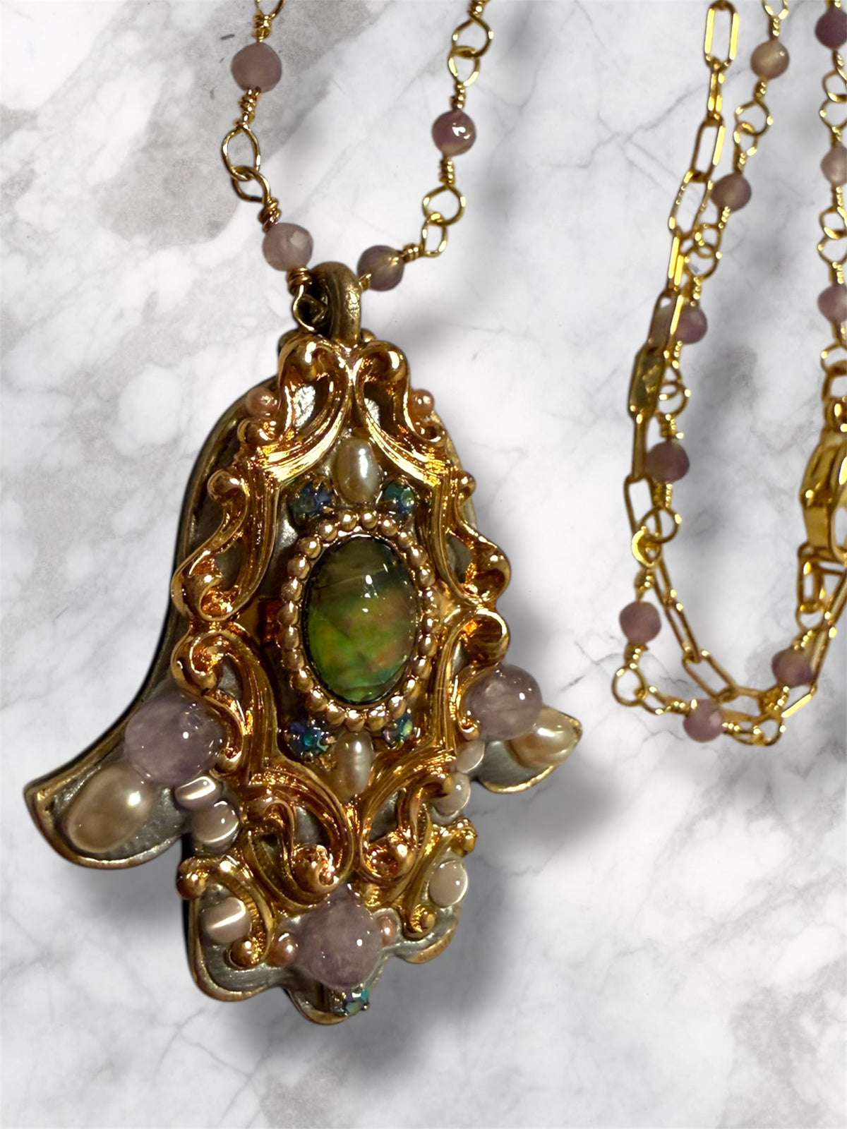 Abalone & Amethyst Hamsa Necklace