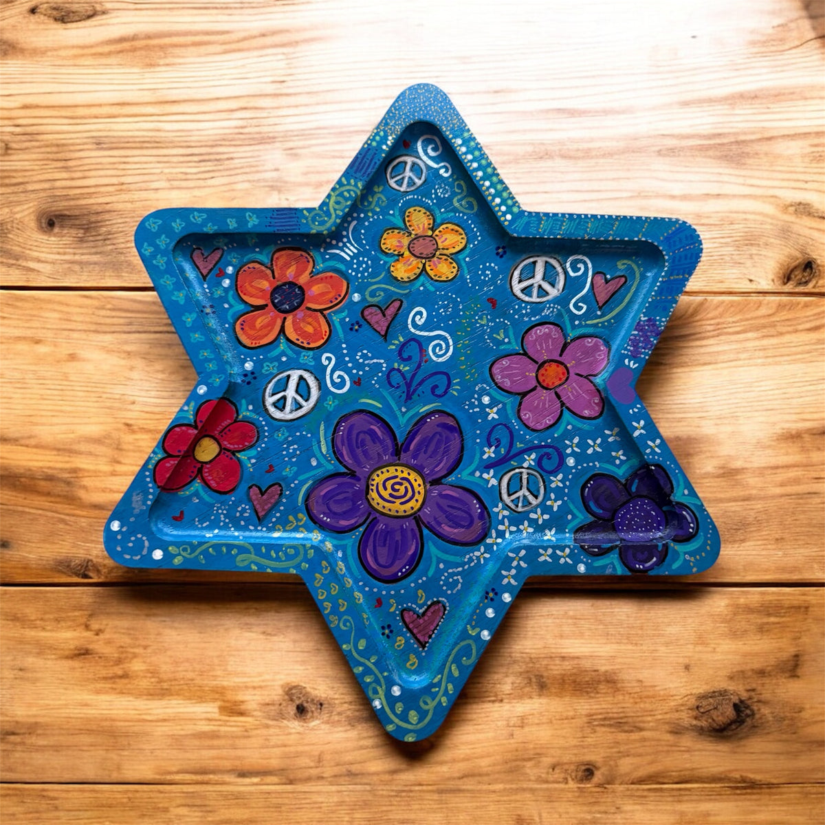 Shalomstock: Peace, Love & Petals Star Serving Tray – Hand-Painted Wooden Judaica