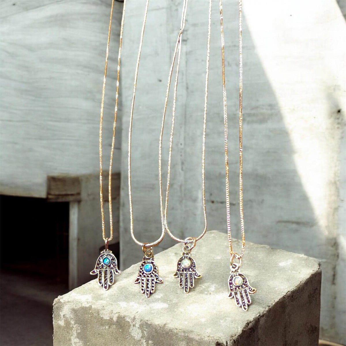 Sterling Silver filagree Hamsa with Opal Pendant Necklace