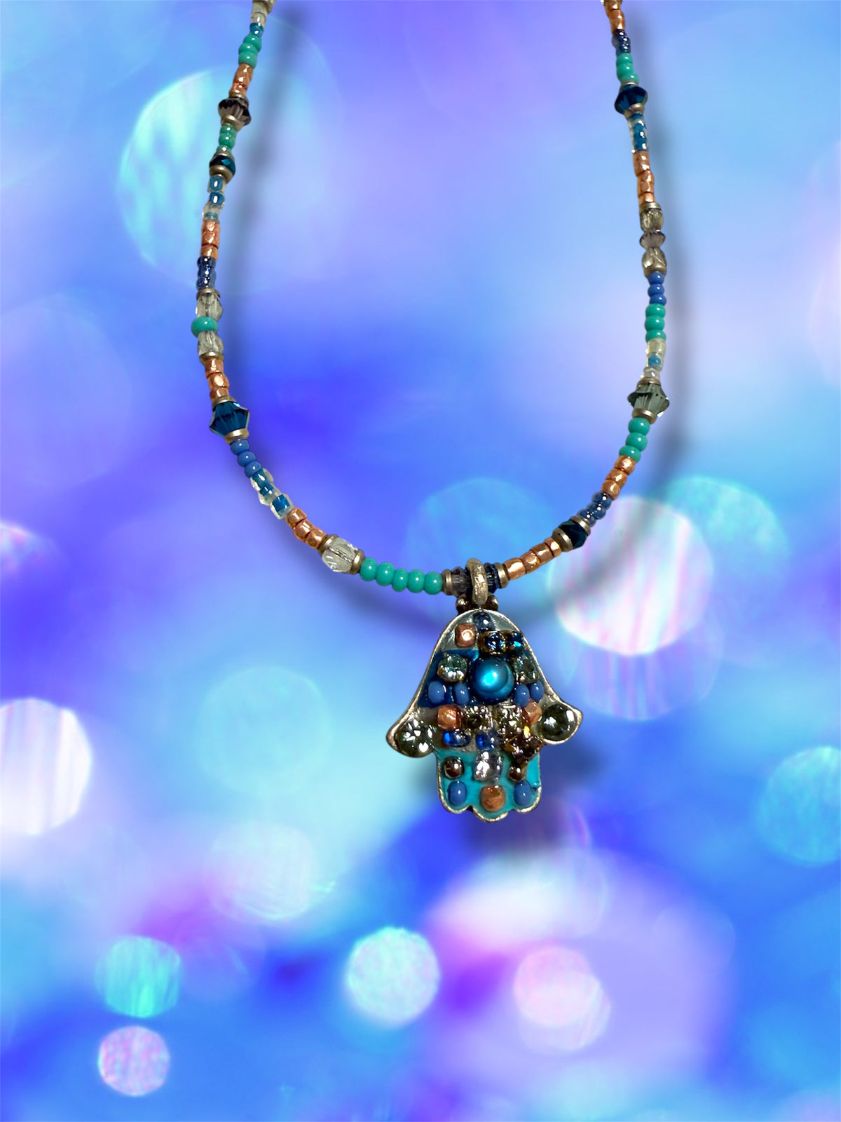 Small Blue Mosaic Hamsa Necklace