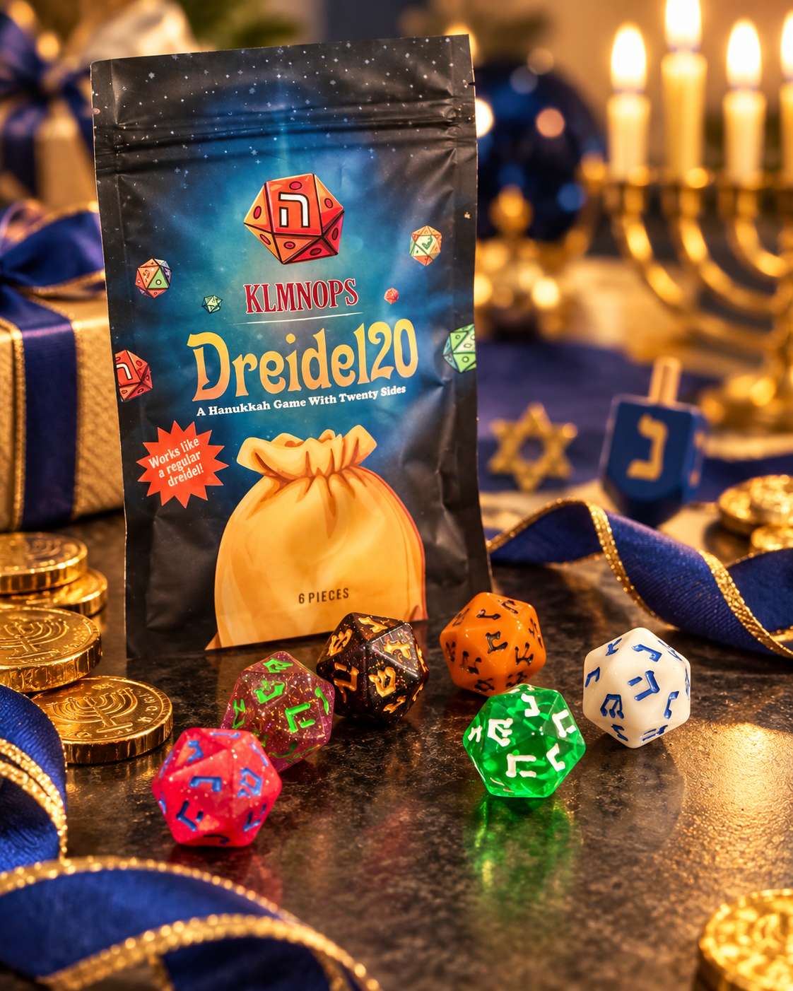 Dreidel20 – Set of 6 Colorful 20-Sided Hanukkah Dreidels
