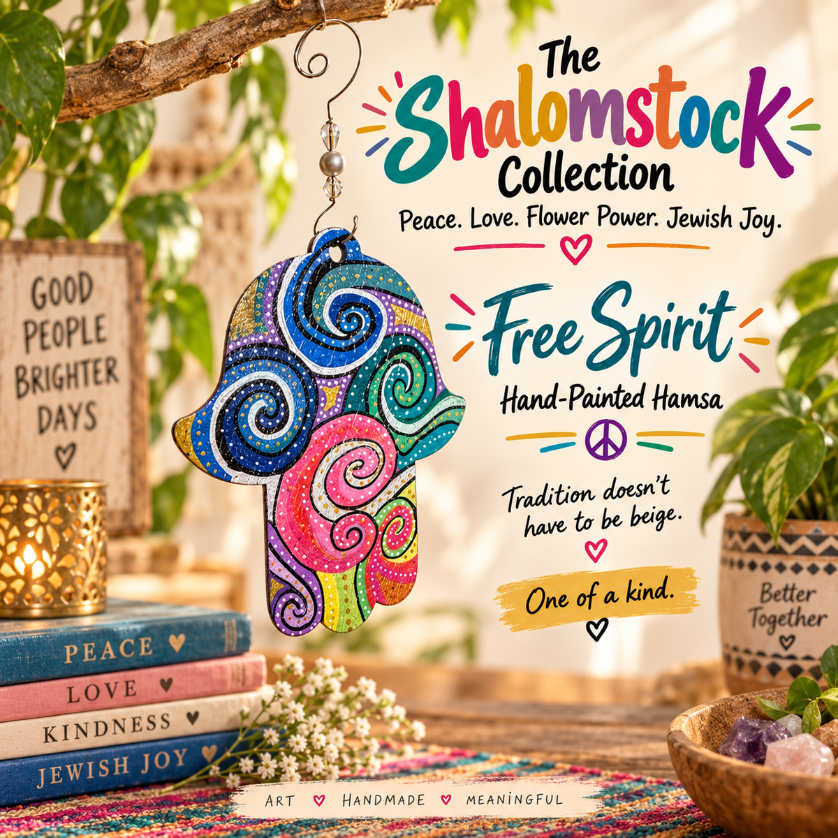 The Shalomstock Collection — Hand-Painted Hamsa Wall Art | Peace, Love & Flower Power Judaica