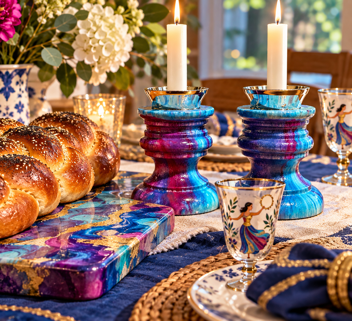Lilah Shabbat Candlesticks Hand-Painted Jewel-Tone Shabbat Candle Holders