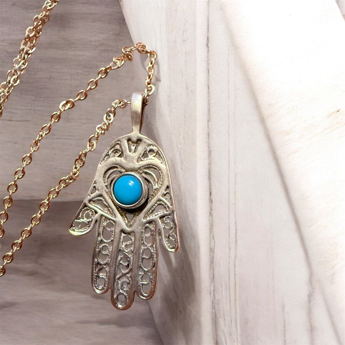 Sterling Silver Filagree Turquoise Hamsa Hand Necklace
