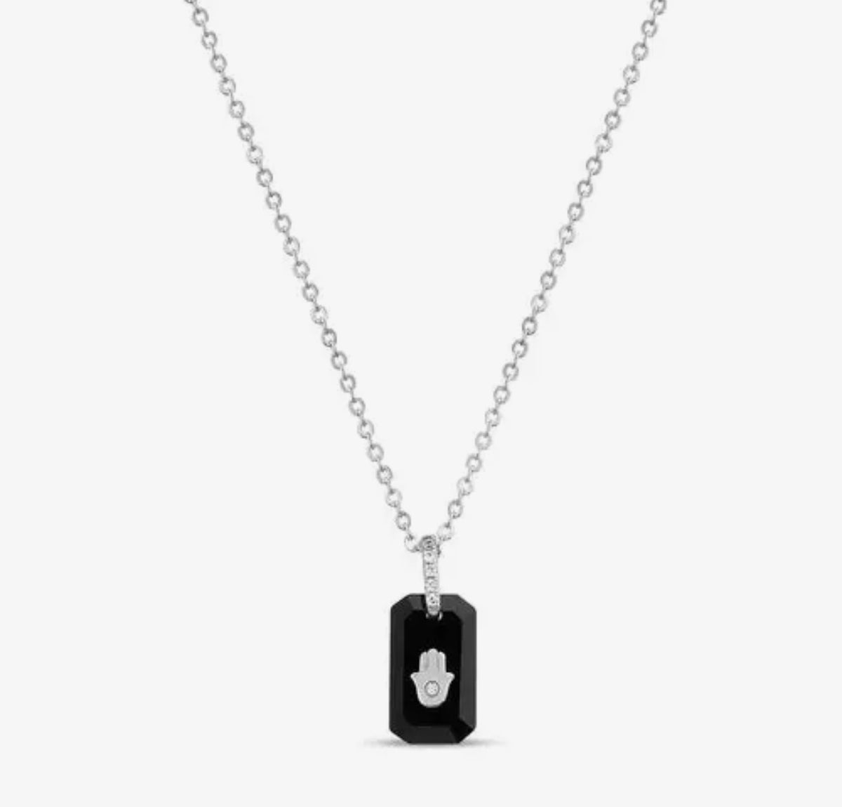 Black Onyx and CZ hamsa pendant sterling silver necklace