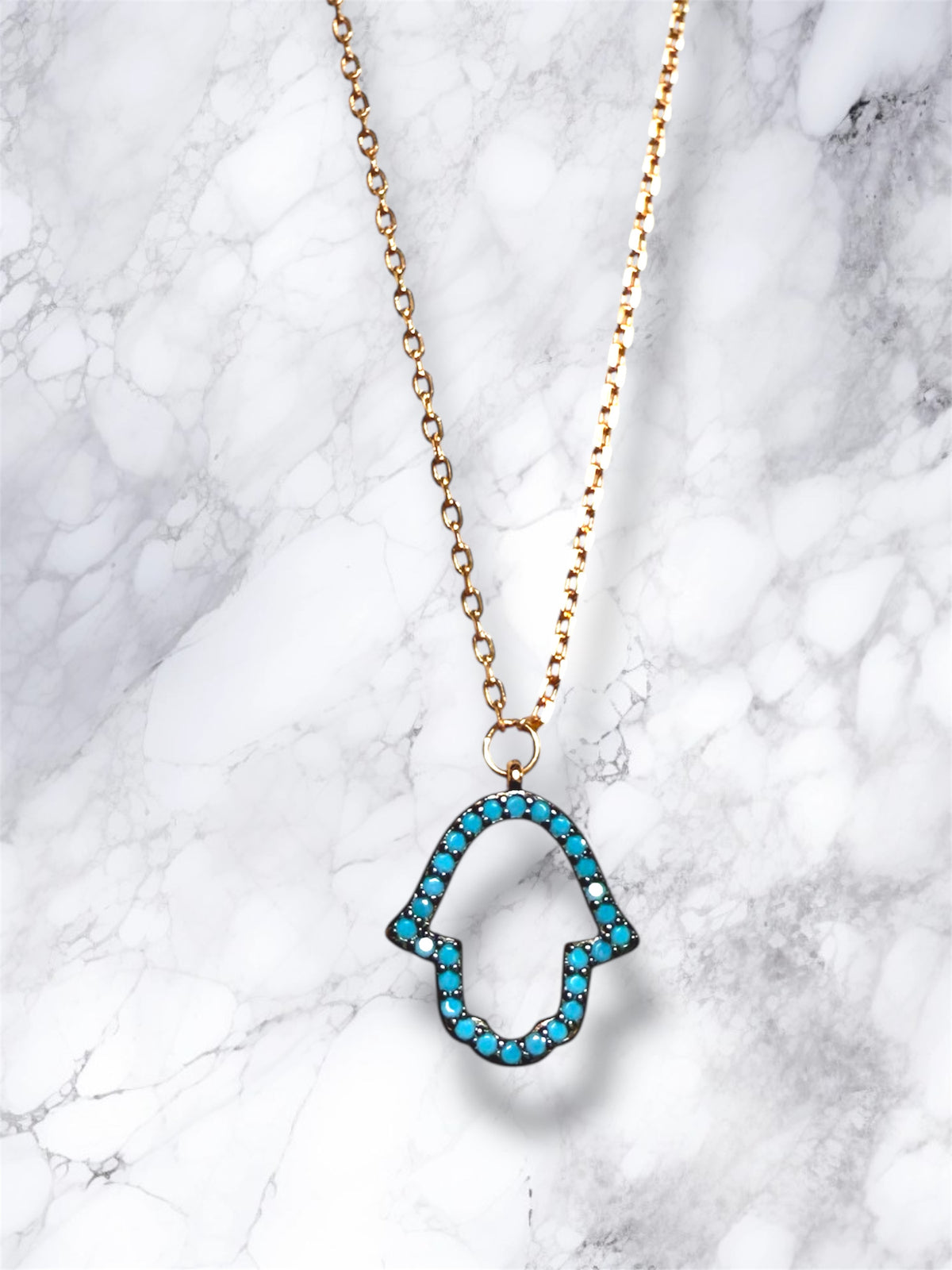 Rose Gold Open Blue Gemstone Hamsa necklace
