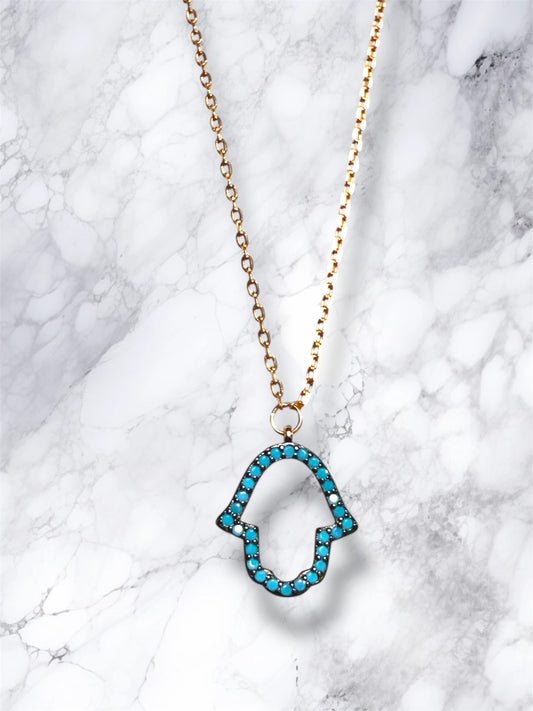 Rose Gold Open Blue Gemstone Hamsa necklace