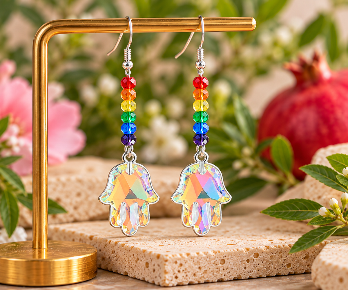 Rainbow Hamsa Earrings | Crystal & Wood Collection