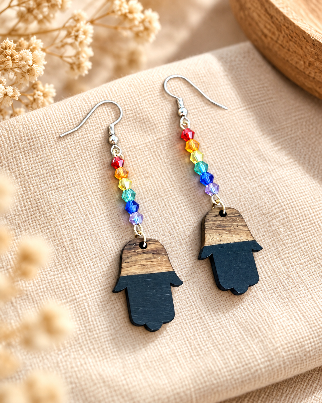 Rainbow Hamsa Earrings | Crystal & Wood Collection