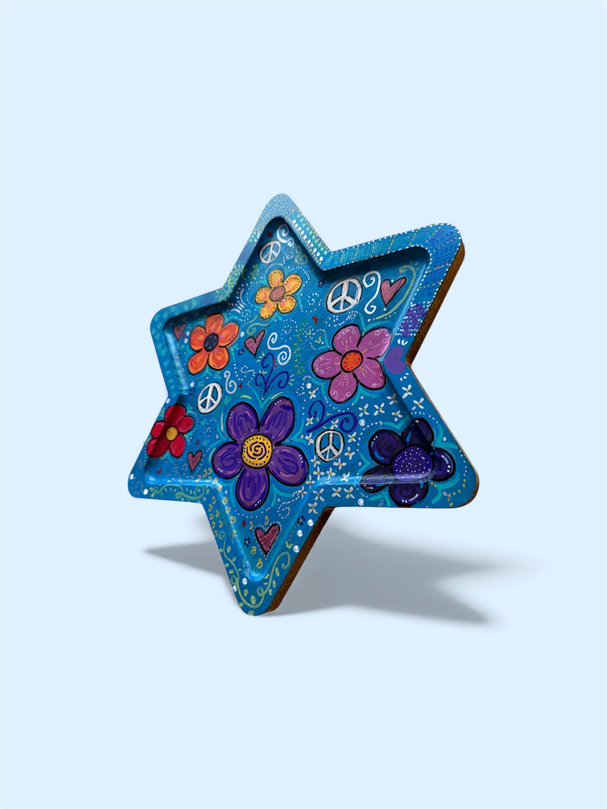 Shalomstock: Peace, Love & Petals Star Serving Tray – Hand-Painted Wooden Judaica