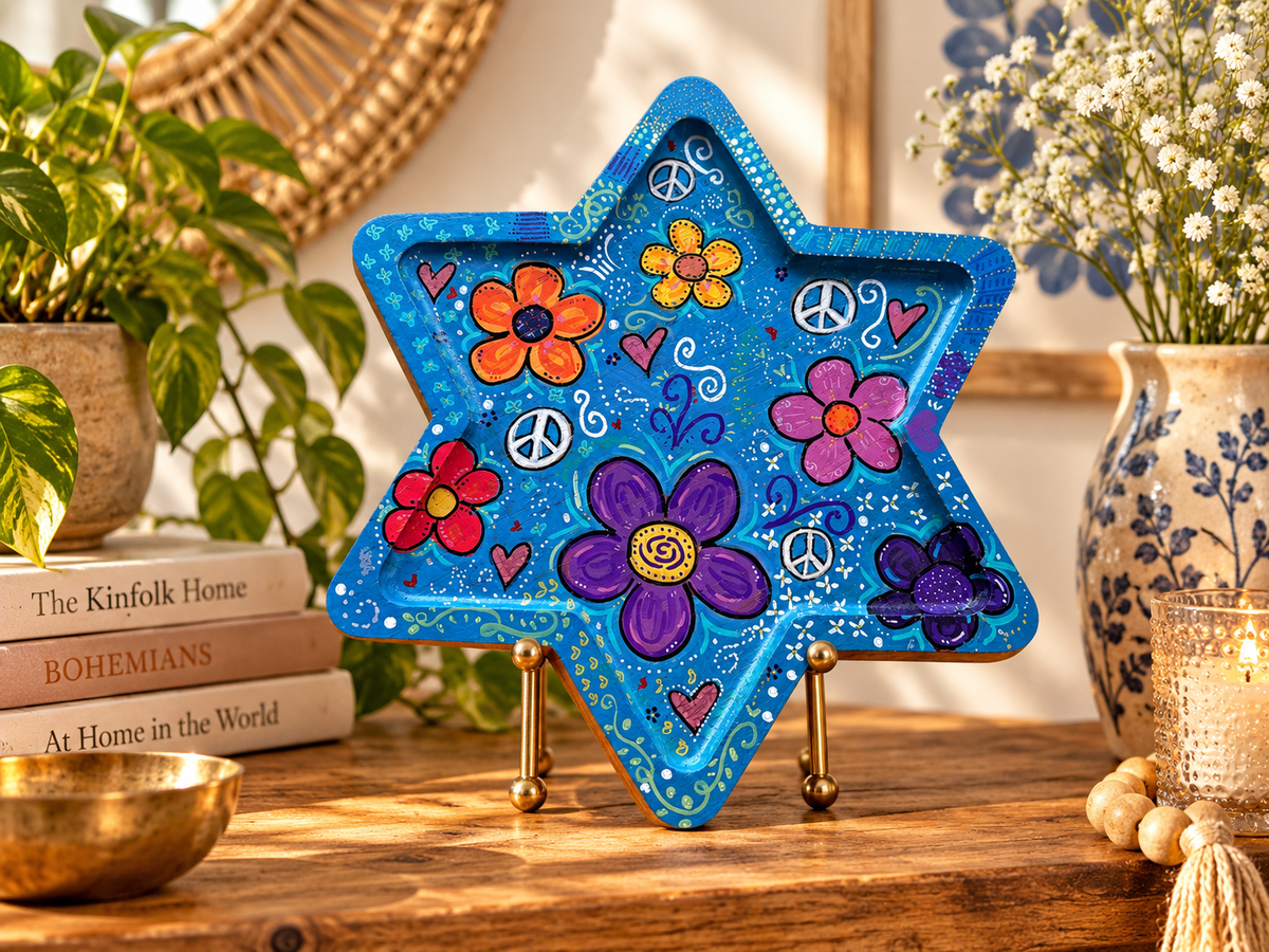 Shalomstock: Peace, Love & Petals Star Serving Tray – Hand-Painted Wooden Judaica