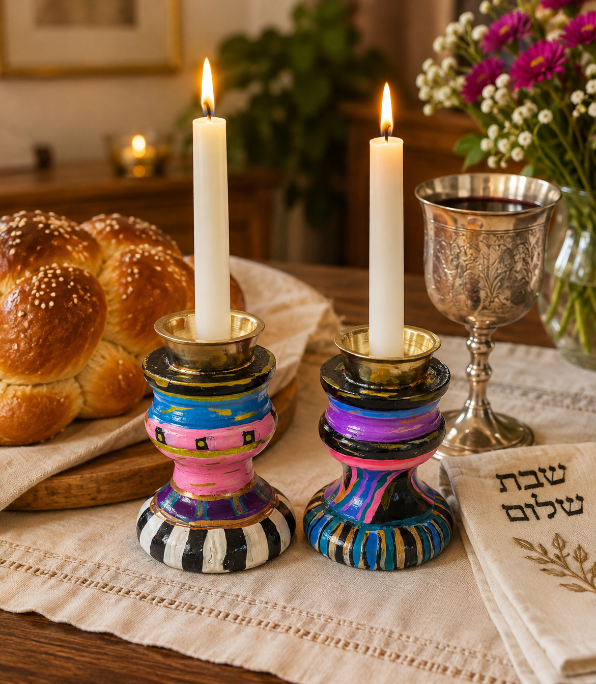 Mitzi – Hand-Painted Mismatched Shabbat Candlesticks