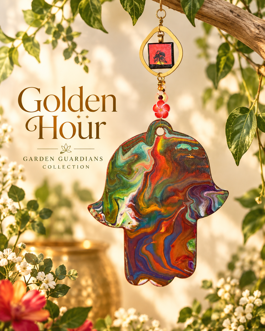 Golden Hour | Hand-Painted Marbled Hamsa Wall Art