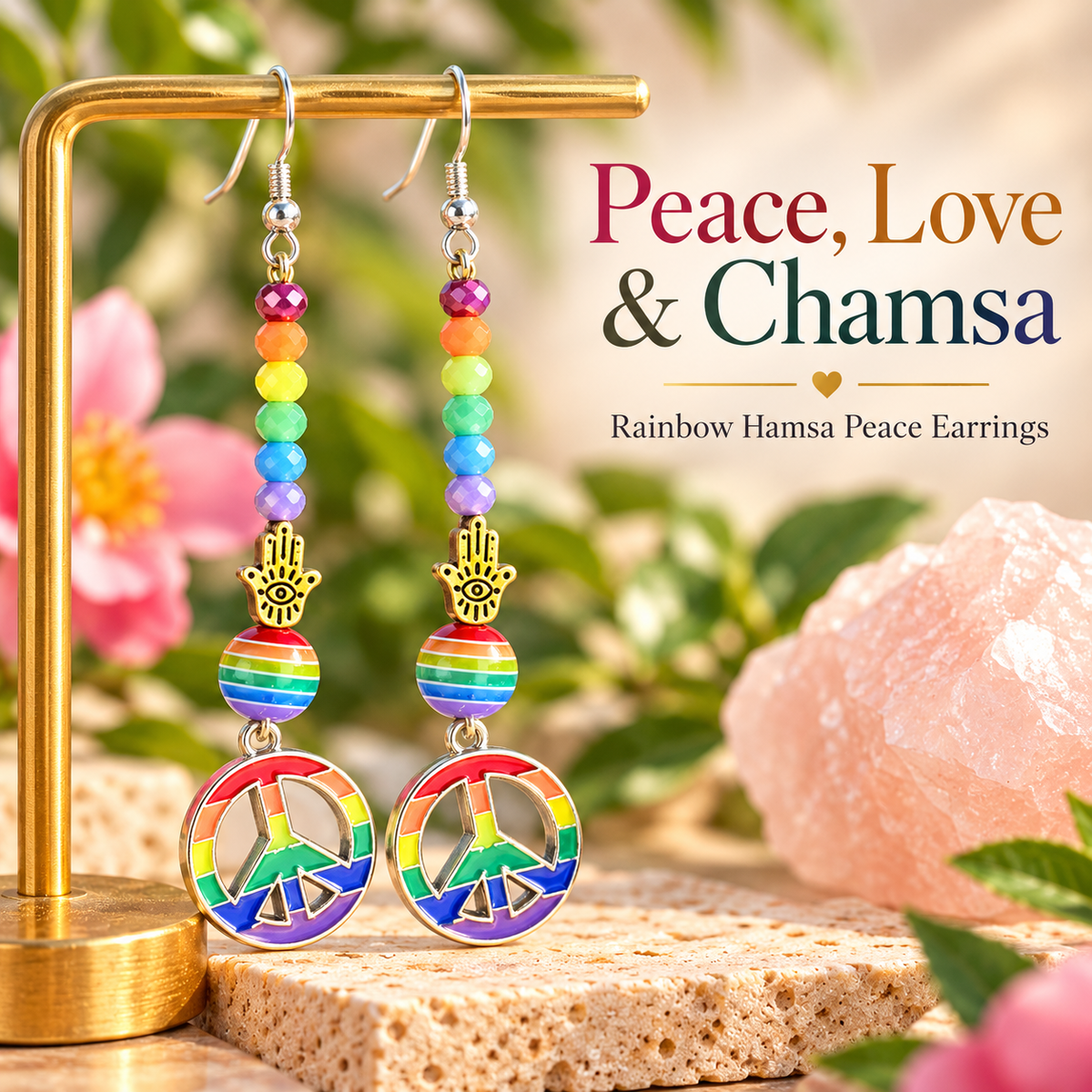Peace, Love & Chamsa | Rainbow Peace Sign Earrings