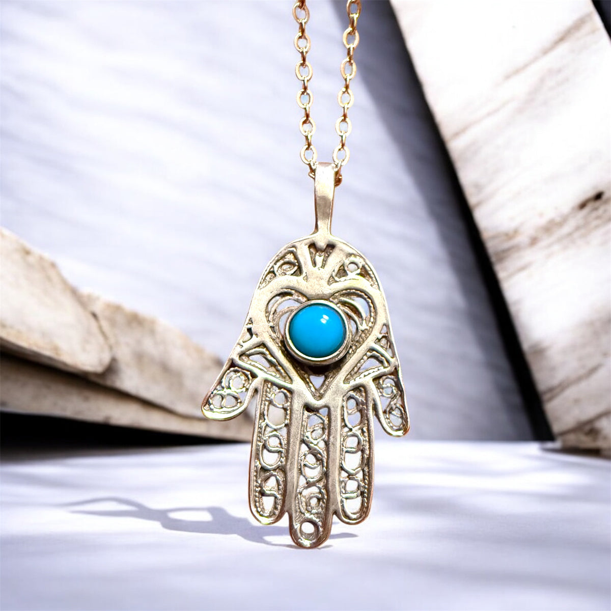 Sterling Silver Filagree Turquoise Hamsa Hand Necklace