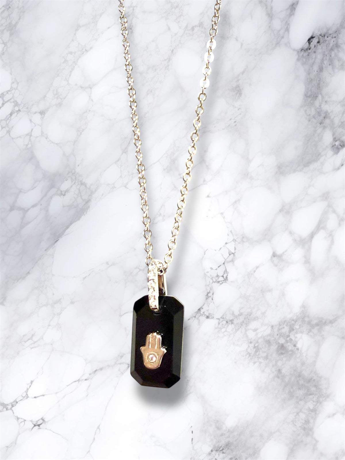 Black Onyx and CZ hamsa pendant sterling silver necklace