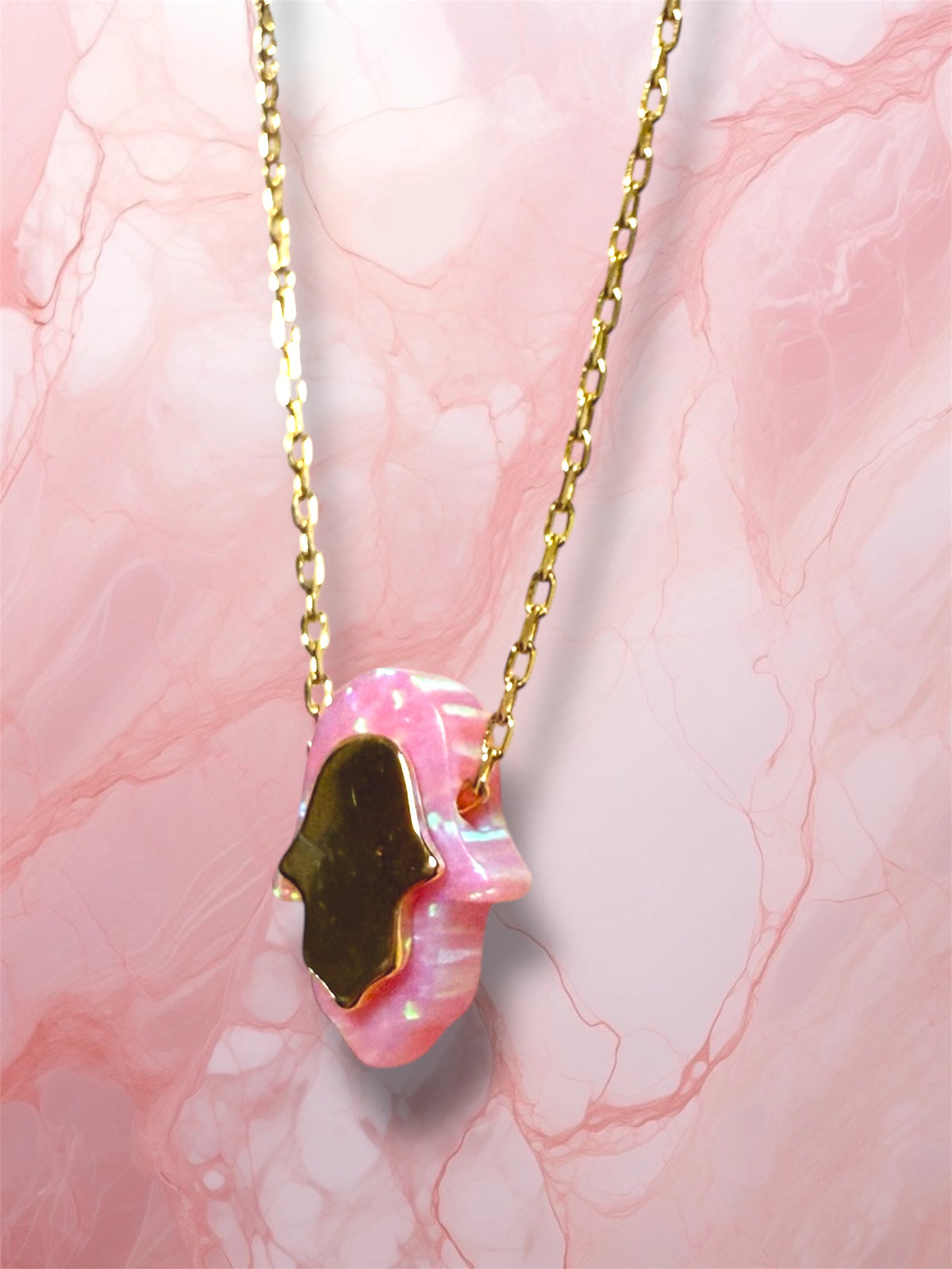 Gold and Pink Opal Hamsa necklace