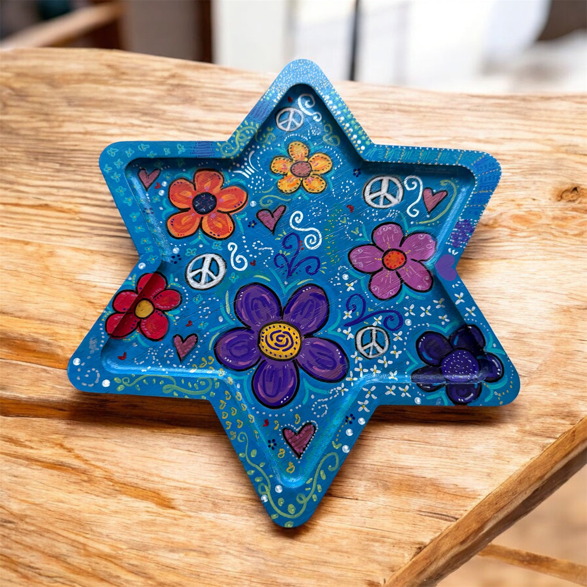 Shalomstock: Peace, Love & Petals Star Serving Tray – Hand-Painted Wooden Judaica