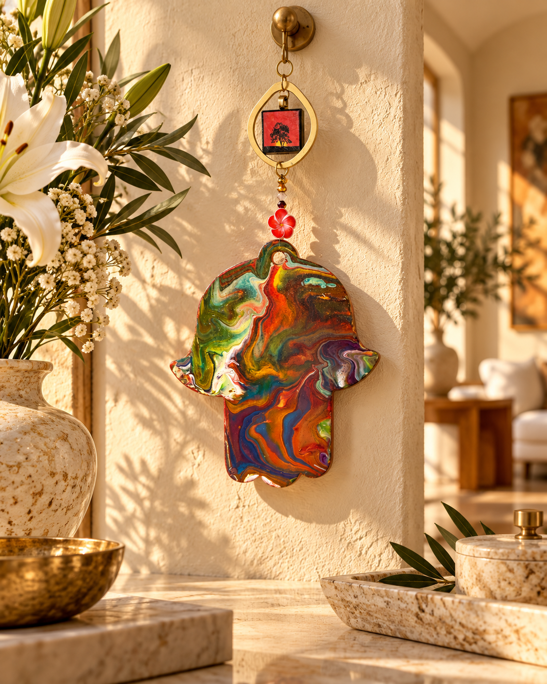 Golden Hour | Hand-Painted Marbled Hamsa Wall Art