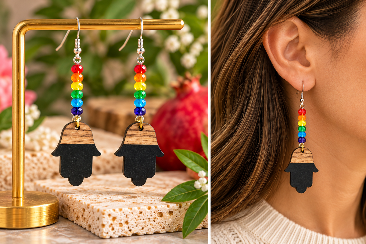 Rainbow Hamsa Earrings | Crystal & Wood Collection