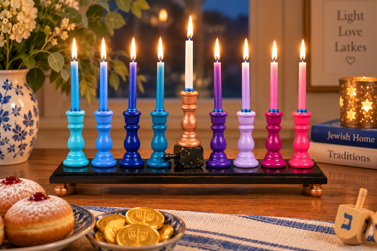 The Zaphira Menorah

Hand-Painted Jewel Tone & Rose Gold Wood Menorah