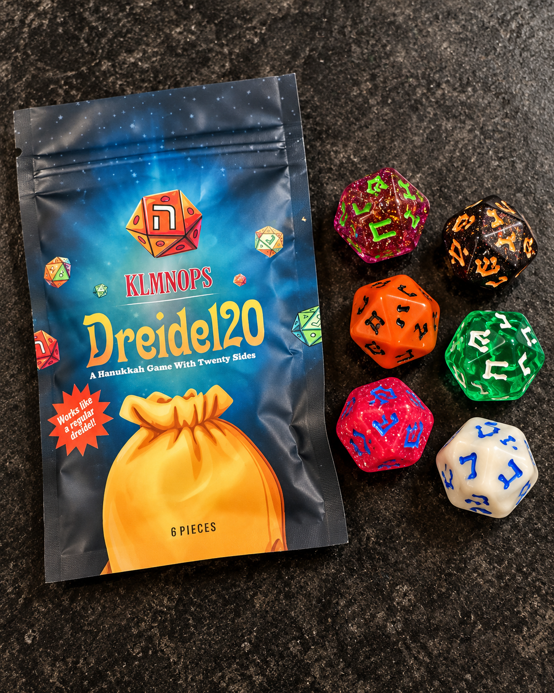 Dreidel20 – Set of 6 Colorful 20-Sided Hanukkah Dreidels