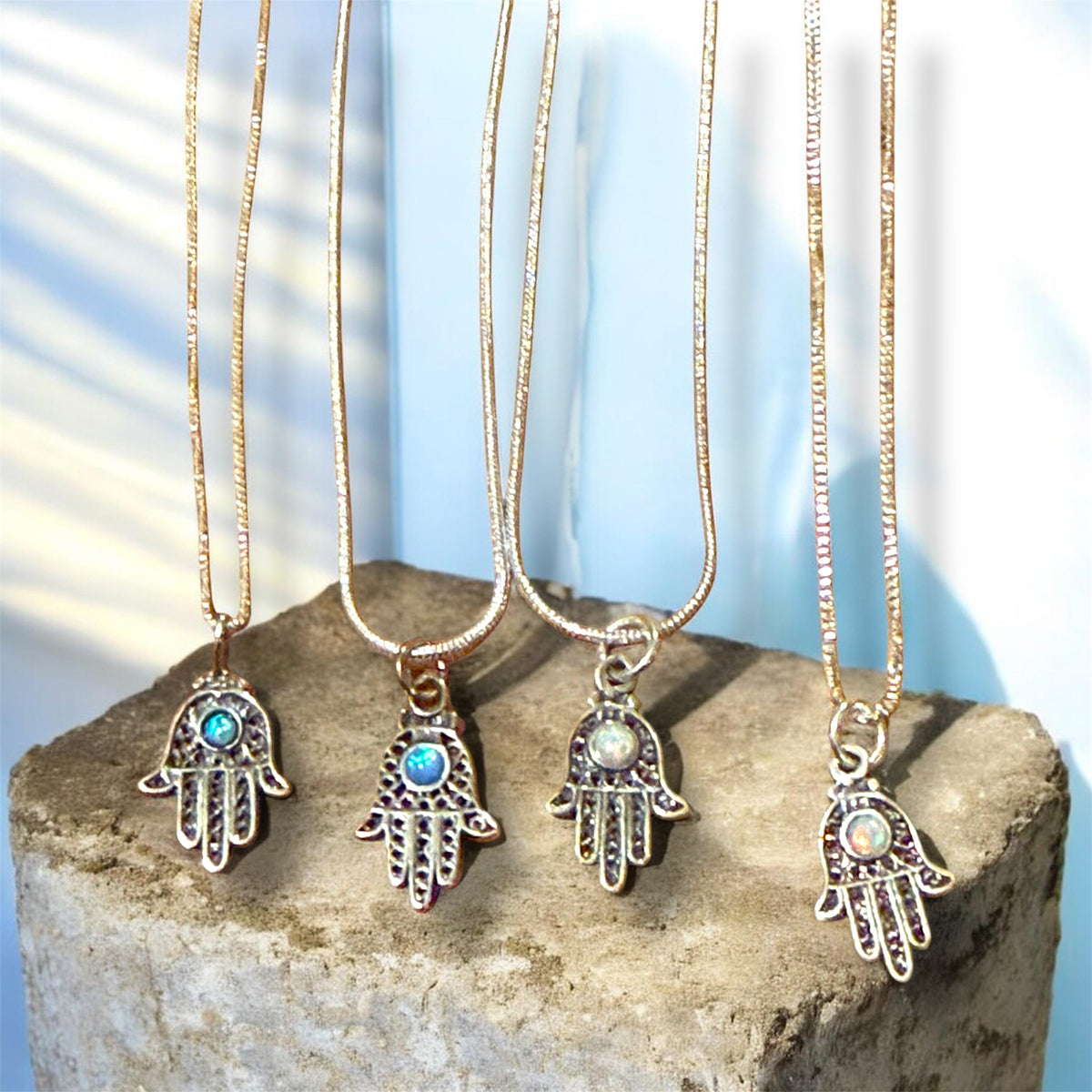 Sterling Silver filagree Hamsa with Opal Pendant Necklace