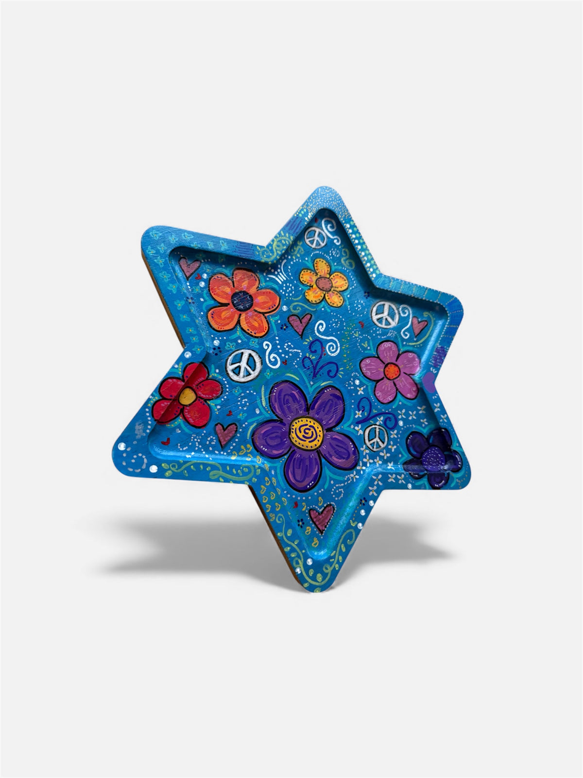 Shalomstock: Peace, Love & Petals Star Serving Tray – Hand-Painted Wooden Judaica