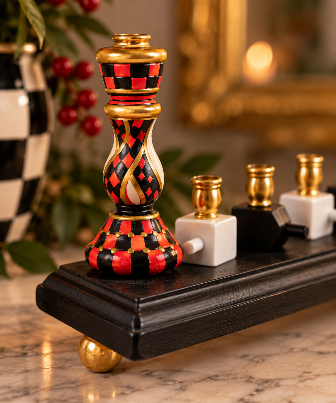 The Roxie Menorah

Hand-Painted Dreidel Menorah in Red, Black & Gold