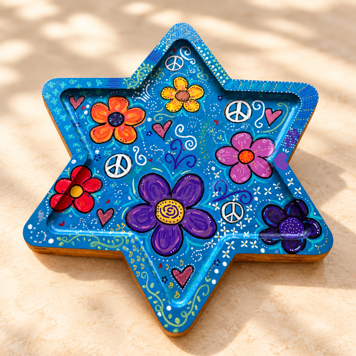 Shalomstock: Peace, Love & Petals Star Serving Tray – Hand-Painted Wooden Judaica
