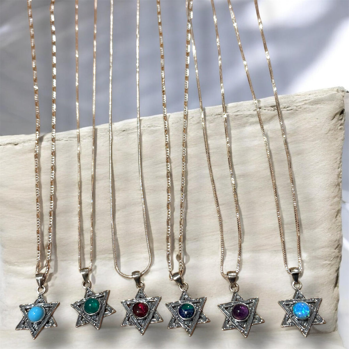 Sterling Silver Jewish Star of David Pendant Necklace with Natural Gemstone