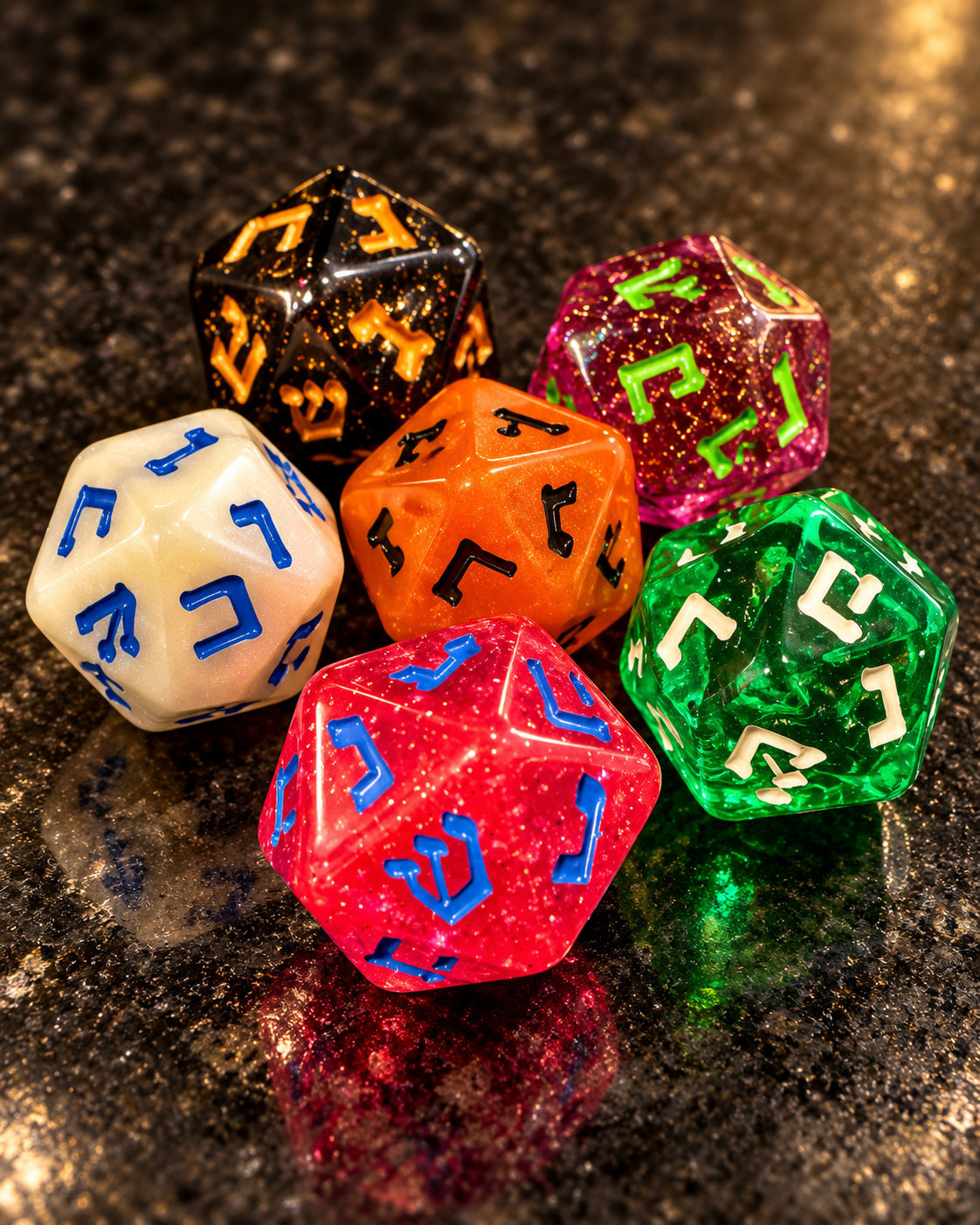 Dreidel20 – Set of 6 Colorful 20-Sided Hanukkah Dreidels