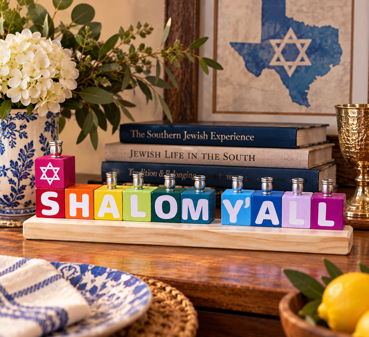 Shalom Y’all Rainbow Menorah
