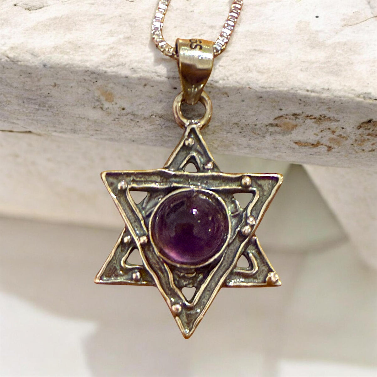 Sterling Silver Jewish Star of David Pendant Necklace with Natural Gemstone